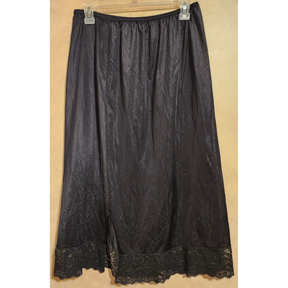 Vintage Fortune Black Nylon Half Slip Lace Trim Midi Skirt Underwear USA Made